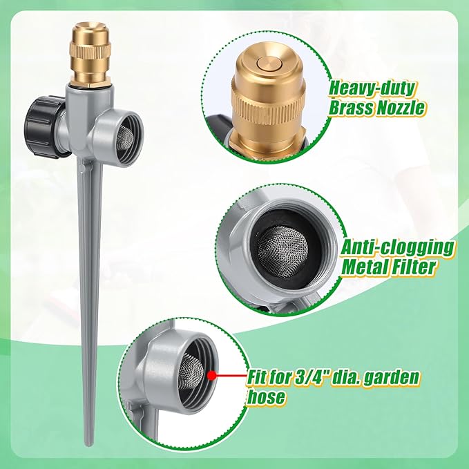2 Pack Metal Lawn Sprinklers for Yard - 360° Coverage Water Sprinklers, Adjustable Brass Nozzle with Aluminum Alloy Spike Base for Small Medium Garden Irrigation