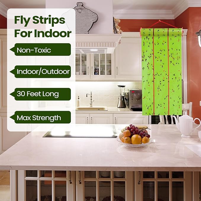 Qualirey Giant Sticky Fly Traps, Fly Strips for Indoor Outdoor Hanging Flying Tapes Non Toxic Ribbon Fruit Gnat Killer for Mosquito Plants House Horse Stable(30 ft,Fluorescent Green,10 Pcs)
