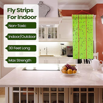 Qualirey Giant Sticky Fly Traps, Fly Strips for Indoor Outdoor Hanging Flying Tapes Non Toxic Ribbon Fruit Gnat Killer for Mosquito Plants House Horse Stable(30 ft,Fluorescent Green,2 Pcs)