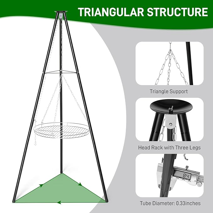 Outvita Campfire Tripod Grill, Adjustable Height BBQ Grill Grate with Fire Bowl for Outdoor Camping BBQ, Black