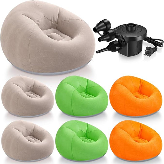 Realspring 6 Pcs Bean Bag Chairs for Adults Inflatable Chairs with Electric Air Pump,Blow up Couch Folding Portable Inflatable Couch Lazy Sofa for Reading Living Room Camping (Coffee,Orange,Green)