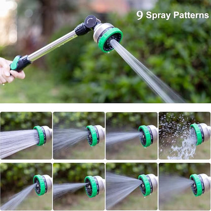 FANHAO Metal Garden Hose Wand, 16-Inch Heavy Duty Watering Wand with 9 Spray Patterns, 180° Rotating Long Garden Hose Nozzle Thumb Flow Control, Ideal to Water Hanging Baskets and Shrubs -Green