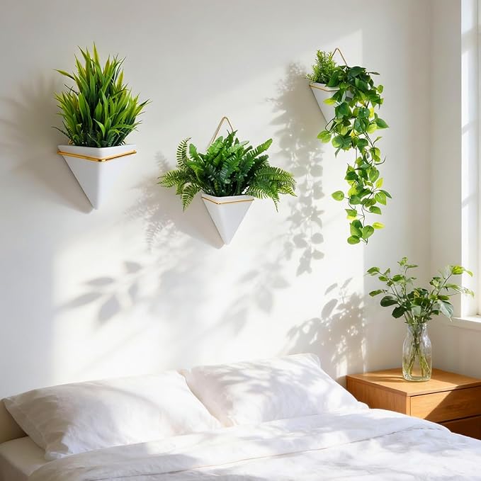 Rtteri 15 Pcs Hanging Artificial Green Plants for Indoor Fake Wall Planter with Faux Plants Geometric Vase Pot (8.2/5.9/4 Inch Size) Ceramic Holder