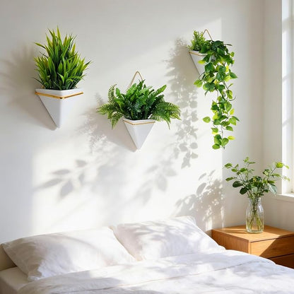 Rtteri 15 Pcs Hanging Artificial Green Plants for Indoor Fake Wall Planter with Faux Plants Geometric Vase Pot (8.2/5.9/4 Inch Size) Ceramic Holder