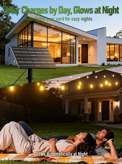 luckystyle 100FT Solar String Lights Outdoor Waterproof 2200K with Remote & USB Charging, 36+2 LED Shatterproof Bulbs, Dimmable & Timable, 3 Light Modes, Long Last for Garden,Patio, Backyard, Camping