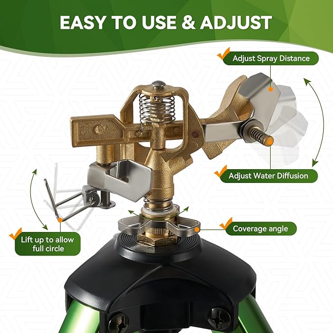 Tripod Sprinklers for Yard,Nalupatio Impact Sprinkler on Tripod Base,Heavy Duty Brass Sprinklers,360 Degree Large Area Irrigation,3/4 Inch Connector Sprinkler with Legs Flip Locks for Lawn/Yard,1 Pack