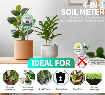 HSLGOVE 4-in-1 Soil Test Kit – Soil Moisture Meter, pH, Fertility & Sun-Light, No Battery Required, Large Dial Soil Tester for Indoor & Outdoor Gardening, Lawn, Farm – BabyGreen