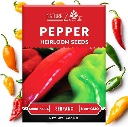 Hot Pepper Seeds for Planting, Cayenne, Hungarian Yellow, Jalapeno, Serrano, Habanero Orange, Heirloom Pepper Seeds Variety Pack, NonGMO, Made in USA