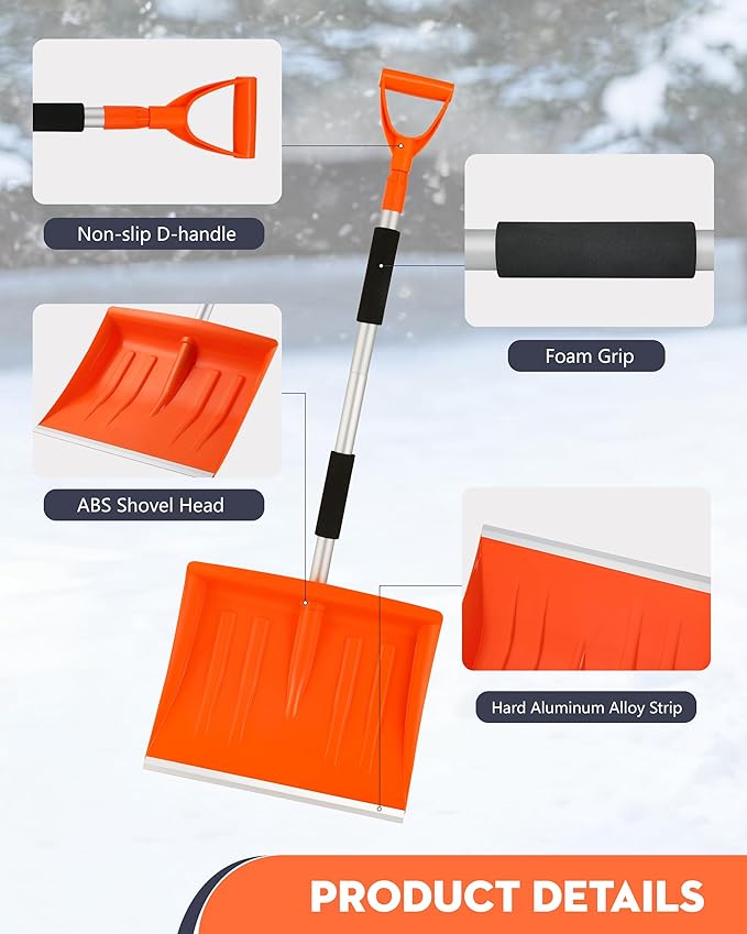 Snow Shovel for Driveway, 43" to 50" Retractable and Detachable Lightweight Plastic Snow Shovel with Sharp Blade and Non-Slip Foam Handle.Suitable for Women, Seniors