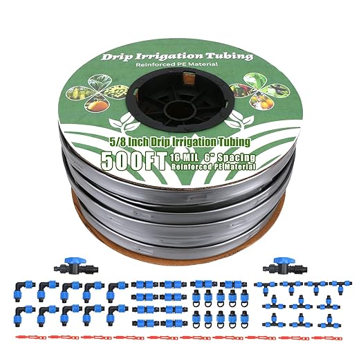 500FT 5/8 Inch 16 Mil Drip Tape Irrigation Kit, 6" Spacing Roll 16 Mil Drip Tape Irrigation, Durable Reinforced PE Material Anti-Bird Pecking Silver Anti-Burning Seedlings Drip Irrigation System