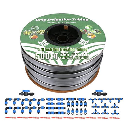 500FT 5/8 Inch 16 Mil Drip Tape Irrigation Kit, 6" Spacing Roll 16 Mil Drip Tape Irrigation, Durable Reinforced PE Material Anti-Bird Pecking Silver Anti-Burning Seedlings Drip Irrigation System