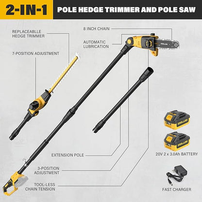 Pole Saw 8-Inch Cordless Tree Trimmer and 18-Inch Pole Hedge Trimmer 2-In-1, 15-Feet Max Reach, Pole Chainsaw, Auto Oiling, with 2x3.0Ah Battery & Charger, for Tree Trimming and Shrubs Pruning