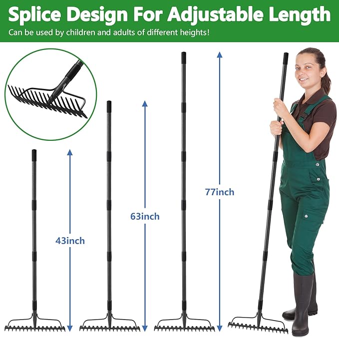 77 inch Bow Rake,2-in-1 17 Tooth Rake for Leaves Portable and Adjustable for Gardening Leaves Loosening Soil Leveling Lawn Farming Land Management Yard