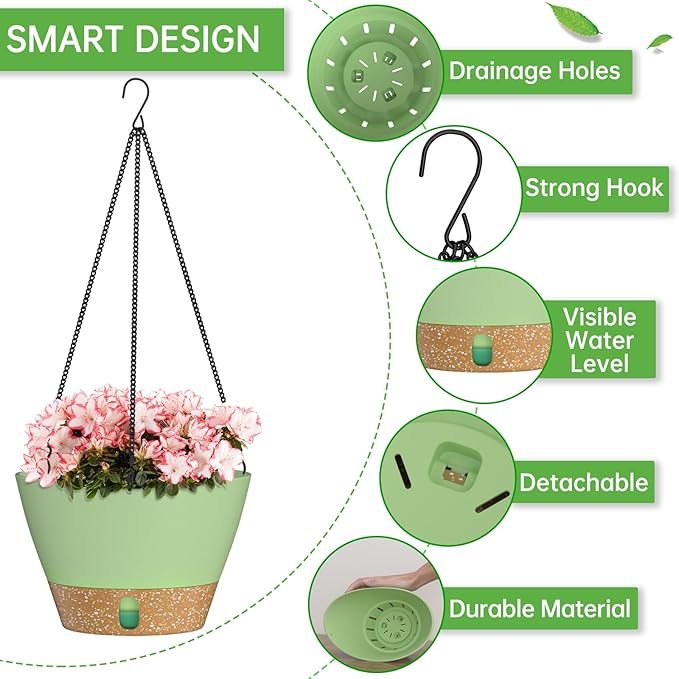 ZMTECH 8 Inch Hanging Planters for Indoor Plants, Hanging Baskets for Plants Outdoor with Visible Water Level, Hanging Flower Pots with Drainage Holes & Removable Tray(2 Pack, Green)