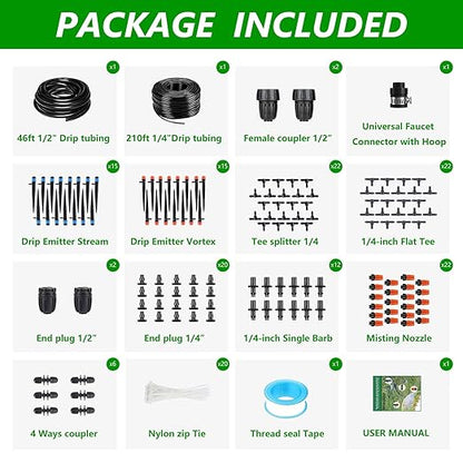 256FT Automatic Drip Irrigation System Kit,Automatic Garden Watering Misting System for Greenhouse, Yard, Plant ，Lawn with 1/2 inch Hose 1/4 inch Distribution Tubing and Accessories