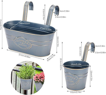PerGar Vintage Metal Iron Wall Hanging Flower Pots, Rustic Planter Bucket Herb Flower Plant Holder with Detachable Hooks & Drainage Hole for Railing Fence Balcony Deck Garden Home Decoration, Set of 3