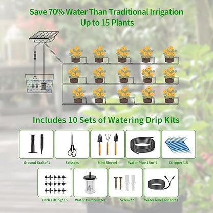 Solar Automatic Drip Irrigation Kit - 25 Timer Modes Smart Watering System for 15 Plants, 900ml/min High Flow with IP54 Waterproof, 49FT Indoor/Outdoor Garden Kit for Vacation & Busy Plant Lovers
