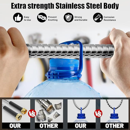 100 ft Garden Hose, Stainless Steel Metal Water Hose 100 Feet with Nozzle, Flexible, Rust Proof, No-Kink, Heavy Duty, Leakproof 3/4 in Fittings, Lightweight Metal Hose, BT100S Model