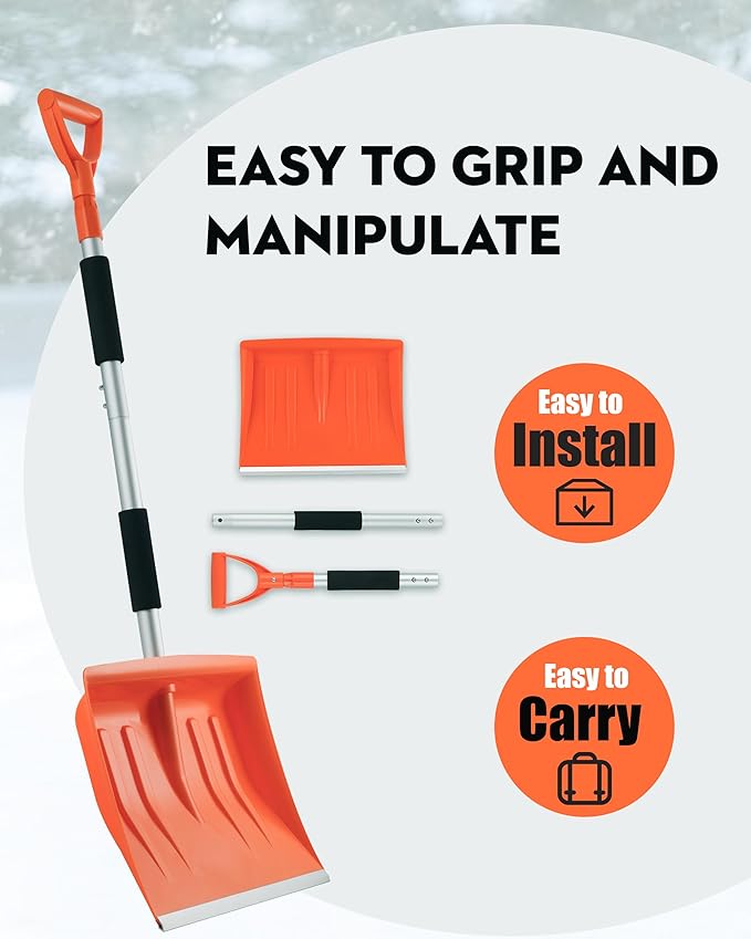 Snow Shovel for Driveway, 43" to 50" Retractable and Detachable Lightweight Plastic Snow Shovel with Sharp Blade and Non-Slip Foam Handle.Suitable for Women, Seniors