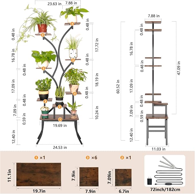Plant Stands Indoor With Grow Light For Indoor Plants Multiple - 62" Tall Indoor Shelf With Anti-Tipping Device, Black Metal Flower Holder Rack