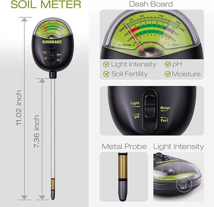 Soil Moisture Meter for Plants, 4-in-1 Moisture/pH/Fertility/Sunlight Dial Display, pH Soil Tester for Garden, Lawn, Farm, Indoor & Outdoor Use, No Battery Required, Black