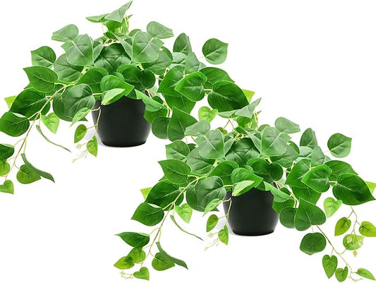 Tiita 2 Pack Fake Plants Artificial Scindapsus Aureus in Pots, Realistic Fake Greenery Potted Plants for Home Office Desk Window Sill Bathroom Bedroom Outdoor Indoor