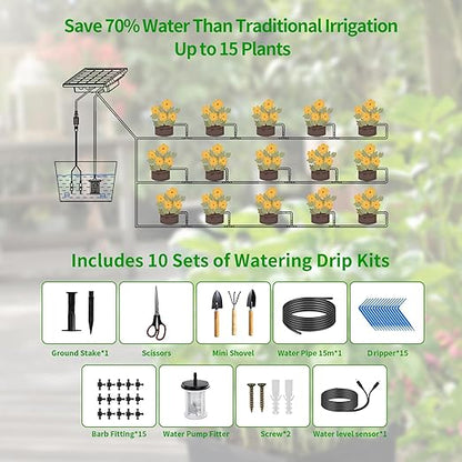 49FT Solar Drip Irrigation System, Auto Watering Kit for 15 Pots, Solar-Powered Plant Watering, 25 Timer Modes, 900ml/min Flow Indoor/Outdoor Garden, Balcony & Patio Irrigation System