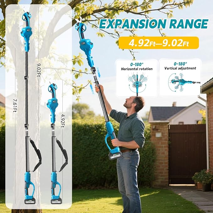 Electric Pruning Shears with Pole 1.4-2.0 Cutting Diameter & 2-IN-1 Electric Pole Pruner,2PCS 3.0Ah Batteries,Brushiless Motor,4 Modes Adjustable Branches Cutter for Flower, Tree Trimming (Blue)