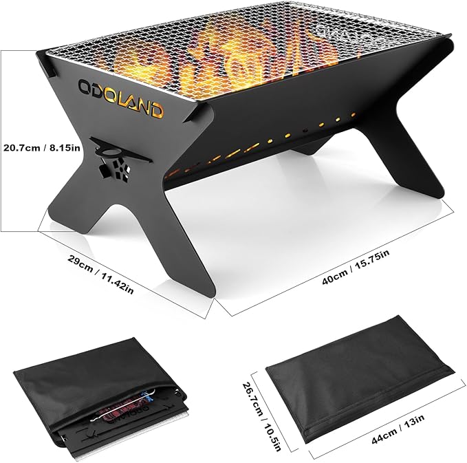 Odoland Camping Campfire Grill, Portable Folding Charcoal Grills, Backpacking BBQ Grill, Heavy Duty Firepit Grill with Carry Bag for Outdoor Cooking, Bonfire, Patio, Backyard