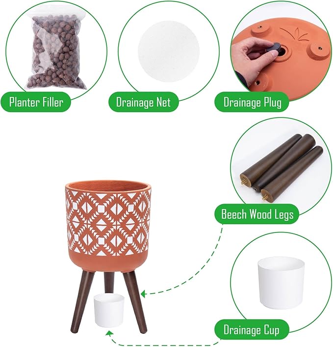 D'vine Dev 10 Inch Planter Pot with Stand, Mid-Century Tall Plant Pot with Legs for Indoor Plants, Pottery Red Terracotta/White, 88-G-B-5