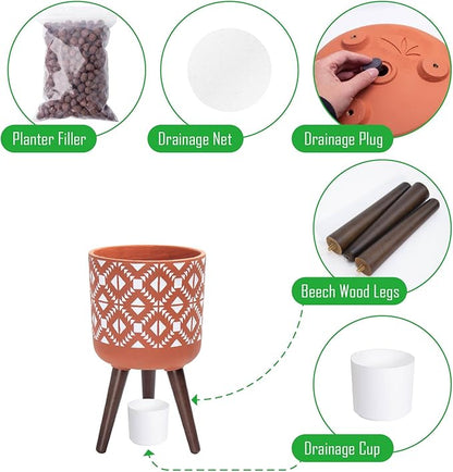 D'vine Dev 10 Inch Planter Pot with Stand, Mid-Century Tall Plant Pot with Legs for Indoor Plants, Pottery Red Terracotta/White, 88-G-B-5