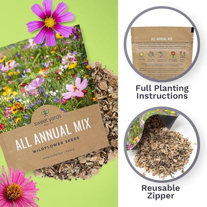 Wildflower Seeds Annual Quick Blooming Mix - Large 1 Ounce Packet Over 7,500 Open Pollinated Seeds