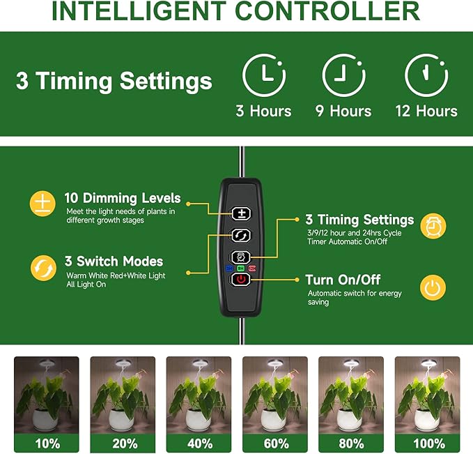 Grow Lights for Indoor Plants, 48 LEDs Full Spectrum Plant Light for Indoor Plants, Height Adjustable Growing Lamp with Base, 3 Optional Spectrums, Auto Timer 3/9/12Hrs, 10 Brightness, 2 Pack