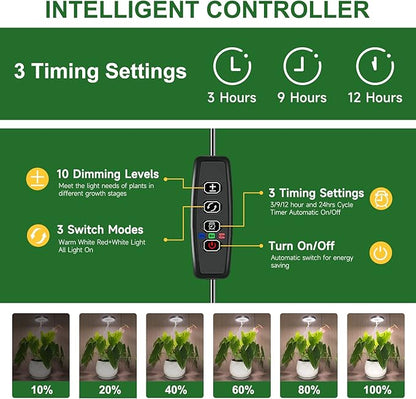Grow Lights for Indoor Plants, 48 LEDs Full Spectrum Plant Light for Indoor Plants, Height Adjustable Growing Lamp with Base, 3 Optional Spectrums, Auto Timer 3/9/12Hrs, 10 Brightness, 2 Pack