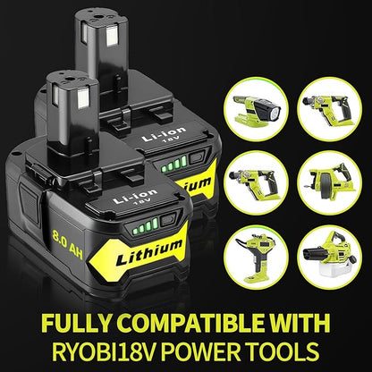2 Packs 8.0Ah High Capacity Replacement for Ryobi 18v Battery P108 P104 P105 P102 P103 P122 P109 Li-ION Compatible with Ryobi 18V ONE+ System Cordless Power Tools and Charger