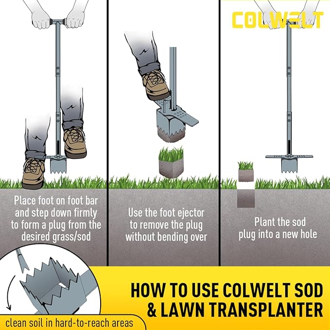 Colwelt Sod Plugger Tool 36-INCH, Grass Plug Tool 3 x 3 Square with Serrated Base, Long Handle Bulb Planter Tool with Dual Pedals & Easy Foot Ejector, Sod Turf Cutter for Lawn Planting Grass Repair