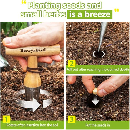 Berry&Bird Hand Dibber – Precision Wood Handle Garden Hole Punch Dibbler Tool for Planting Seeds & Bulbs with 6'' Measuring Scale, Bulb Planter for Planting Flowers Tulips Daffodils Dahlias