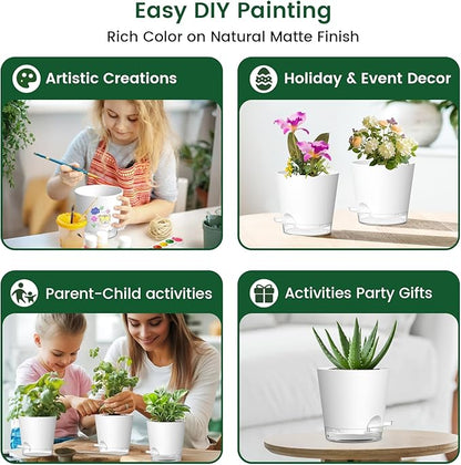 6 inch Self Watering Pots for Indoor Outdoor Plants, 6 Pack Flower Plant Pots with Drainage Holes and Clear Reservoirs, Visible Water Level, Plastic Planters with Wicking Rope, White