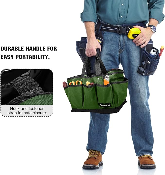 Housolution Gardening Tote Bag, Deluxe Garden Tool Storage Bag and Home Organizer with Pockets, Wear-resistant & Reusable, 12 Inch, Dark Green