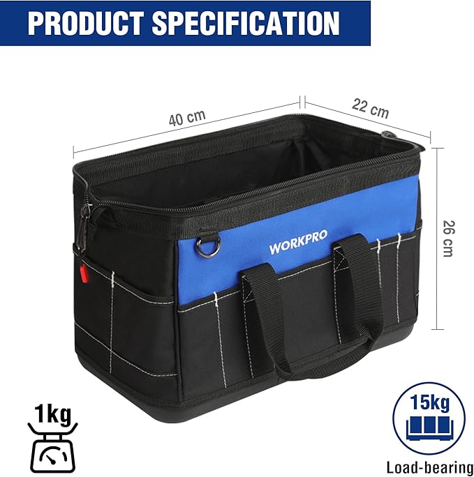 WORKPRO 16-inch Wide Mouth Tool Bag with Water Proof Molded Base