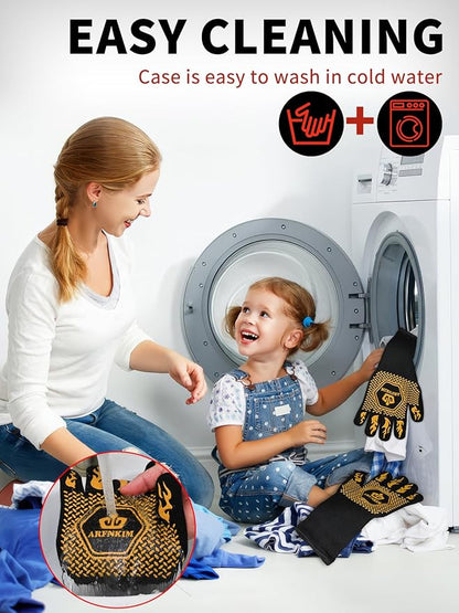 BBQ Oven Gloves, 1472℉ 3-Layers Heat Resistant Oven Mitts Silicone Non-Slip Cooking Gloves for Barbecue, Grilling, Baking, Welding, Smoker (A Pair) (Yellow)