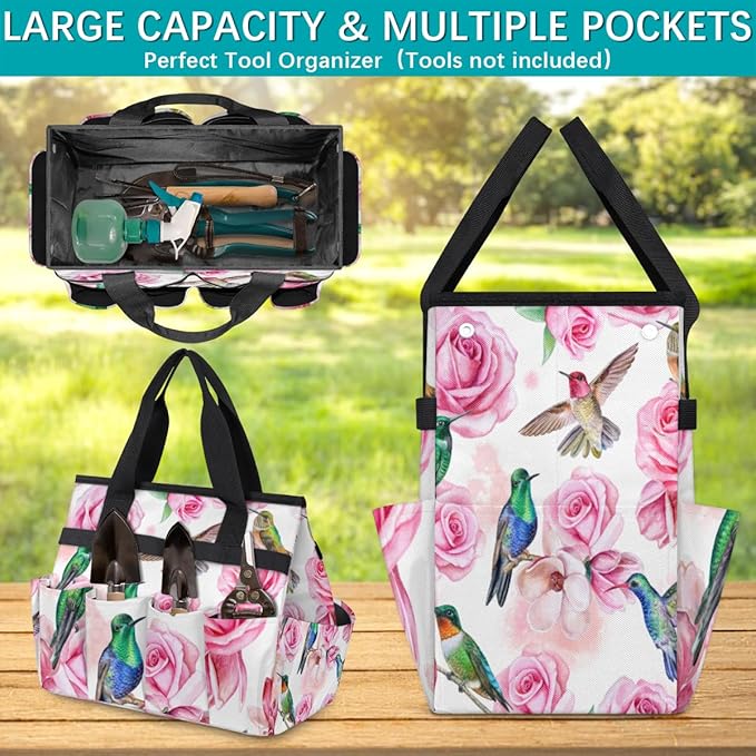 Hummingbird Flower Rose Garden Tool Bag Waterproof Gardening Tool Storage Bag with Handle & 10 Pockets Gardening Tote Bag for Women Garden Tool Organizer