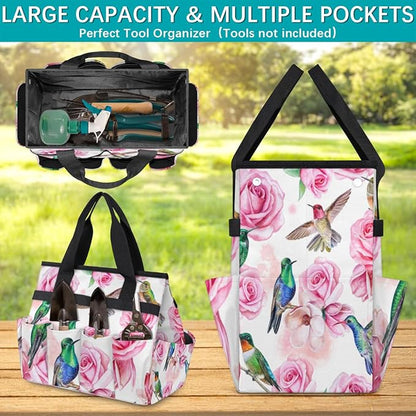 Hummingbird Flower Rose Garden Tool Bag Waterproof Gardening Tool Storage Bag with Handle & 10 Pockets Gardening Tote Bag for Women Garden Tool Organizer