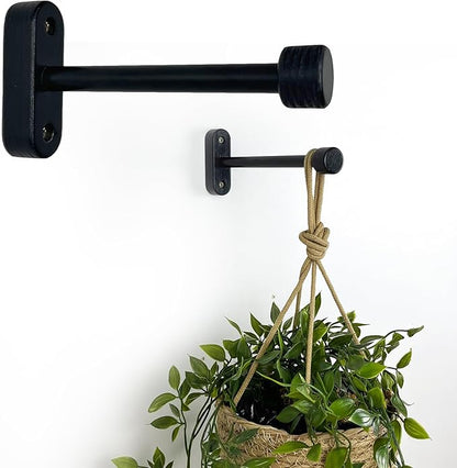 EvenWood 2-Piece Set of Wooden Plant Hooks for Wall with Sturdy Metal Tube - Plant Wall Hanger for Pots, Flower Brackets - Bracket Plant Hanger for Indoor and Outdoor Decorations (Black, 8 Inch)