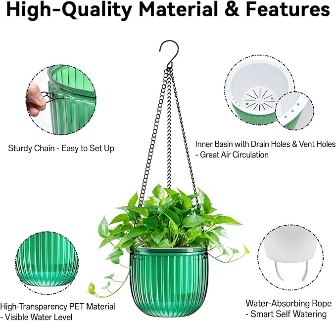 Halatool 2 Pack Self Watering Hanging Planters for Indoor Plants - 6.5 Inch Outdoor Hanging Flower Pots with 2 Metal Chains for Garden Home Wall Decor (Peacock Green)