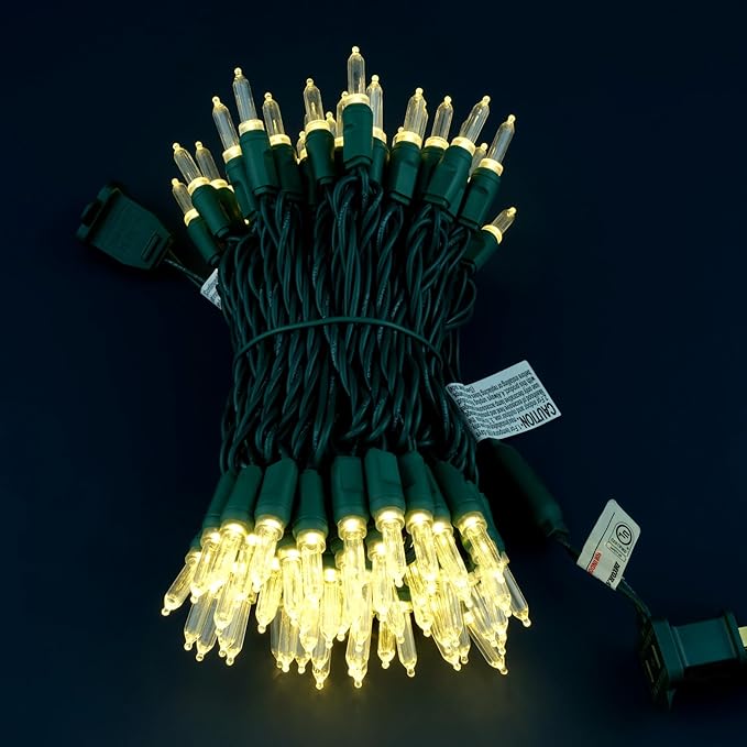 100 Warm White One-Piece LED Christmas Lights, 33 ft Green Cord High Waterproof UL Certified T5 Outdoor String Lights (Warm White)