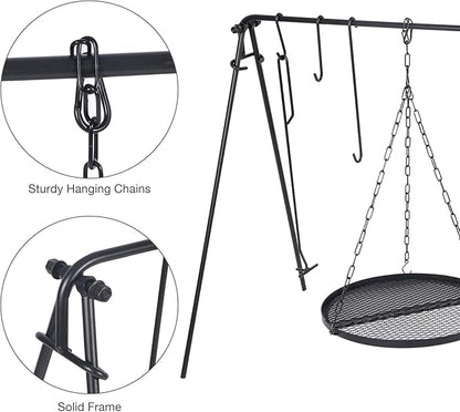 REDCAMP Swing Campfire Grill Stand - Collapsible Campfire Cooking Rack with 6 Hooks & Iron Grill Grate, Portable Dutch Oven Hanger for Outdoor Camping, Cookware, Bonfire, Round