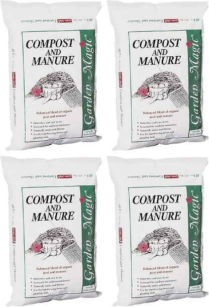Michigan Peat 4-Pack Compost and Manure Blend, Garden Magic Mix w/Odor-Free Blend, 40 Lbs - Outdoor Lawn and Gardening Mixture with Nutrients and Minerals for Soil Potting and Planting