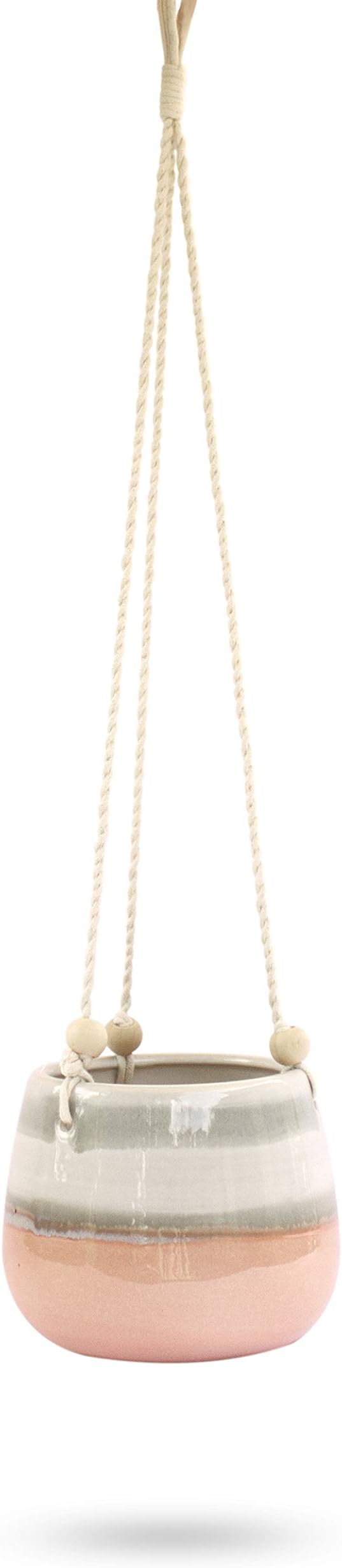 23 Bees Ceramic Hanging Planter, Pink White Succulent Pots, Round Plant Holder Container, Cactus Pot with Cotton Rope Hanger, Indoor Outdoor Decor, (1 Pack x Pink Horizon)