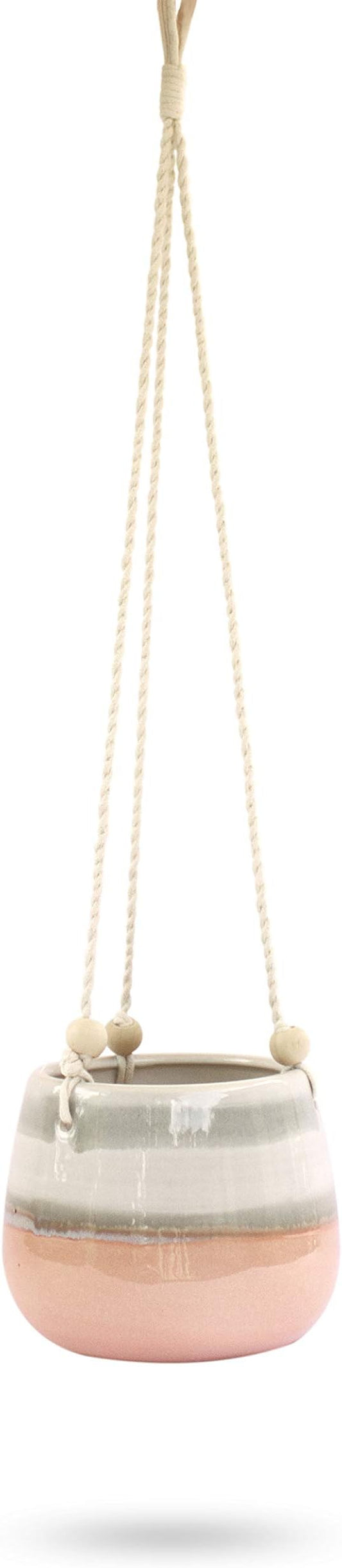 23 Bees Ceramic Hanging Planter, Pink White Succulent Pots, Round Plant Holder Container, Cactus Pot with Cotton Rope Hanger, Indoor Outdoor Decor, (1 Pack x Pink Horizon)